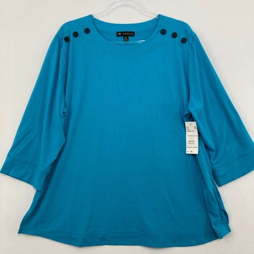 New N Touch size XL Blue Stretch Knit Button Detail 3/4 Sleeve Relaxed Blouse‎